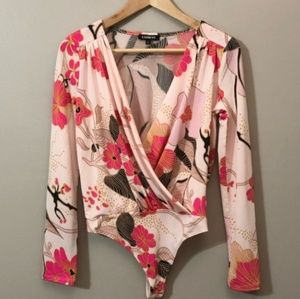 Express Floral Drape Surplice Thong Bodysuit